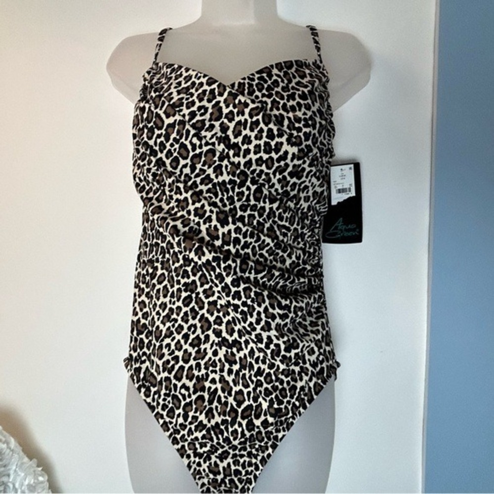 Aqua Green Animal Print Mob Wife 1PC Swimsuit Large 12/14 NWT - Picture 2 of 14